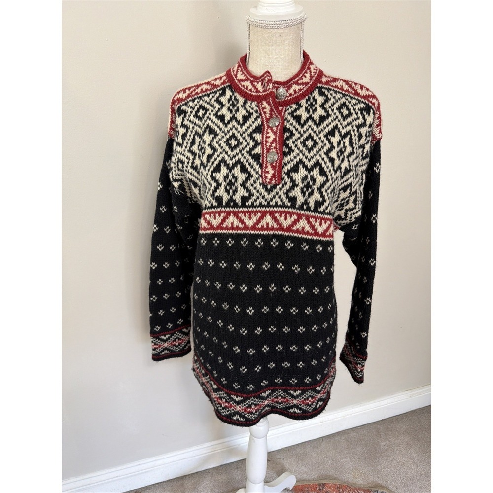 Vintage LL Bean Snowflake Ski Fair Isle Sweater Womens Black Red Wool Small